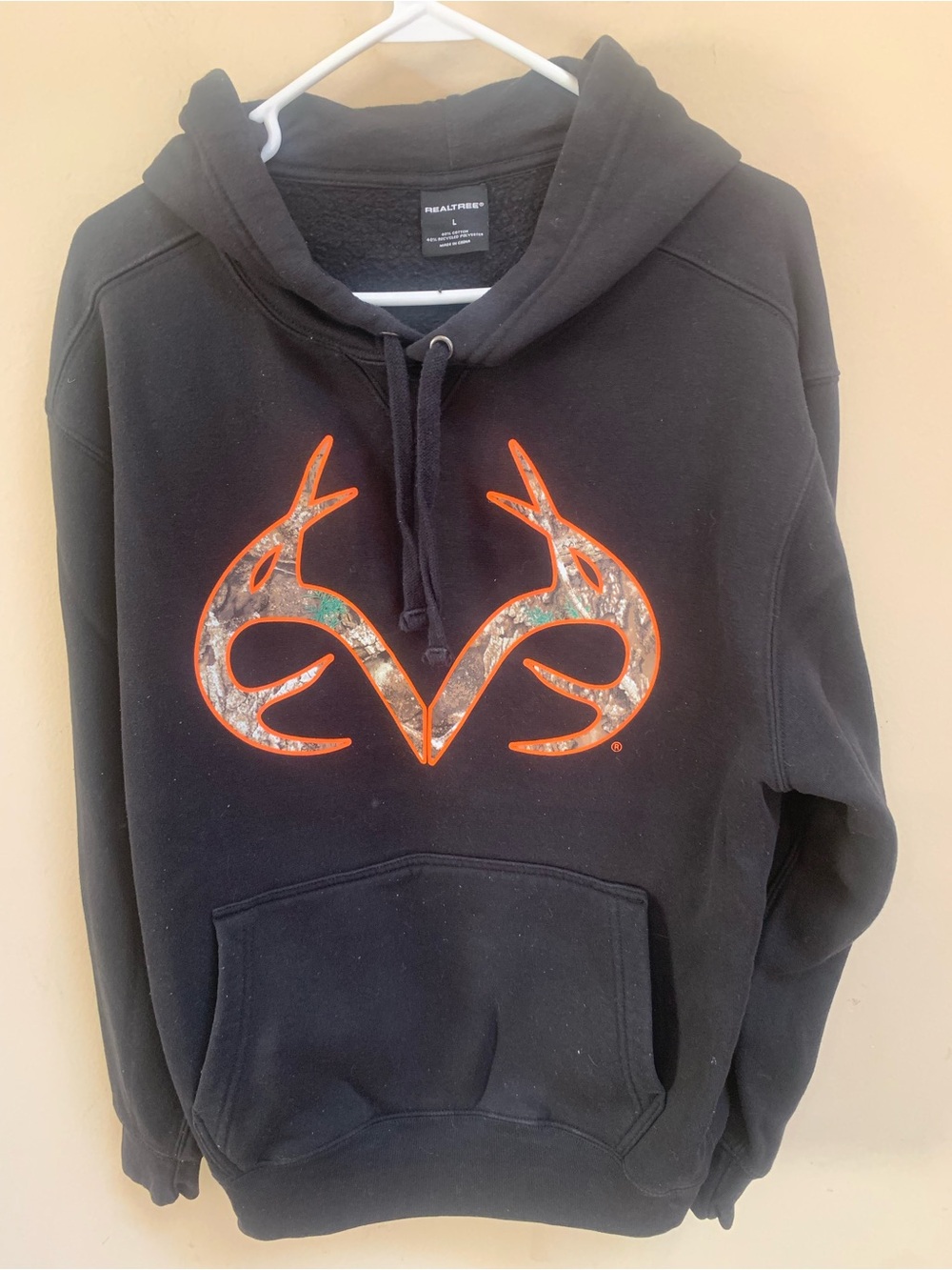 Realtree Men's Sz L Fleece Hunting Camo Antlers Pockets Pullover Black Hoodie